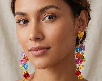 Pendientes largos de ganchillo con flores – Flores coloridas de estilo boho chic – Joyería hecha a mano – Regalo para mujer