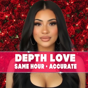 以下が含まれることがあります： 長い黒髪とメイクをした女性が、赤いバラの背景の前に配置されています。 下部の赤いバナーには「DEPTH LOVE SAME HOUR • ACCURATE」と書かれています。 女性は黒いトップスを着ています。