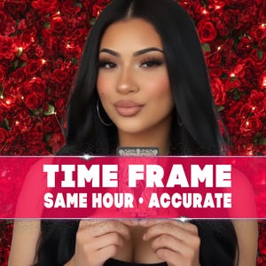 May include: A woman with long black hair and makeup holds a small card. The image has a red floral background and a banner that reads "TIME FRAME SAME HOUR • ACCURATE" in white text.