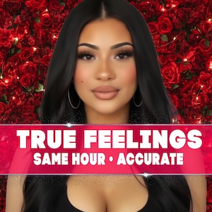 Puede incluir: Una mujer con cabello negro largo y maquillaje está centrada frente a un fondo de rosas rojas. Una pancarta roja en la parte inferior dice "TRUE FEELINGS" y "SAME HOUR • ACCURATE" en texto blanco.