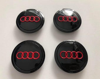 Set of 4 Pieces Wheel Center Caps Audi 69mm - 2.72 Inch Black/Red Glossy