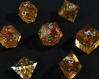 Golden Flower Polyhedral Dice, Liquid Core Dice with Sharp Edge, Resin Liquid Dice, D&D Dice Set Mystery, Dnd Player Gift