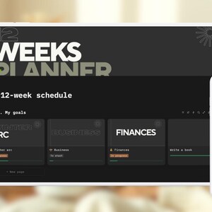 May include: A digital planner interface displayed on a tablet and smartphone. The screen shows the text "12 WEEKS PLANNER" and "My 12-week schedule". The interface includes sections for goals, business, and finances, all in a dark theme.