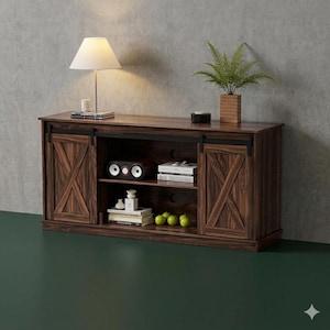 May include: A dark brown wooden TV stand with sliding barn doors and an X-shaped design. The stand has open shelving with decorative items, a lamp, and a plant. The stand is 152 cm wide.