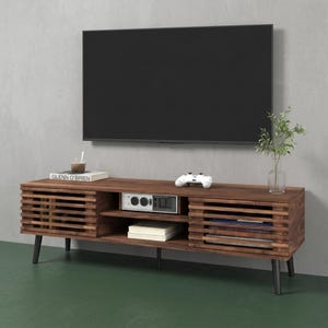 Mid Century Modern TV Stand, Walnut Media Console with Sliding Doors Storage