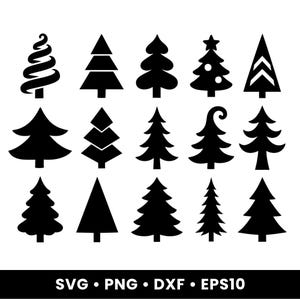 May include: A collection of fifteen distinct black silhouette icons of evergreen trees arranged in three rows of five. The designs include various shapes such as spiral, triangular, layered, and rounded forms. The text SVG • PNG • DXF • EPS10 appears below.