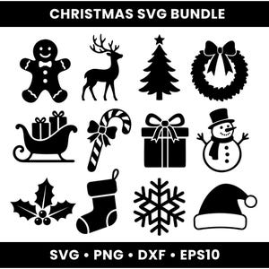 Op de afbeelding: Een digitale collectie getiteld CHRISTMAS SVG BUNDLE met twaalf zwarte silhoueticonen, waaronder een peperkoekmannetje, rendier, kerstboom, krans, slee, zuurstok, cadeau, sneeuwpop, hulst, kerstsok, sneeuwvlok en een kerstmuts.