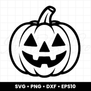 May include: A black and white digital graphic of a jack-o'-lantern pumpkin with a stem, two triangular eyes, a triangular nose, and a wide, jagged mouth. The text SVG, PNG, DXF, EPS10 is printed in white at the bottom of the image.