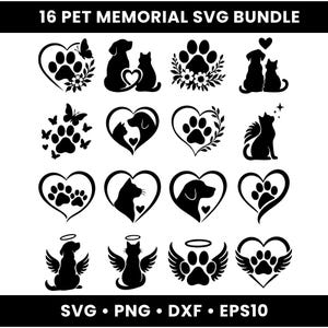 Puede incluir: Una colección digital de 16 diseños de siluetas negras titulada 16 PET MEMORIAL SVG BUNDLE. Los gráficos incluyen gatos, perros, huellas, corazones, alas de ángel, halos y mariposas para formatos de archivo SVG, PNG, DXF y EPS10.