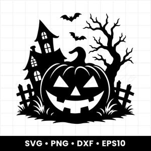 May include: A black and white digital graphic design featuring a carved jack-o'-lantern pumpkin, a haunted house, a bare tree, two flying bats, and a picket fence. The bottom text reads SVG • PNG • DXF • EPS10, indicating file formats.
