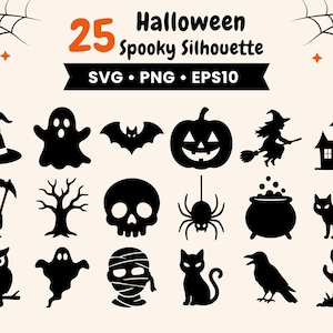 Puede incluir: Una colección digital de 25 siluetas negras con temática de Halloween que incluye un sombrero de bruja, fantasmas, murciélagos, una calabaza, una bruja en escoba, una casa encantada, la muerte, un árbol, una calavera, una araña, un caldero y una mano.