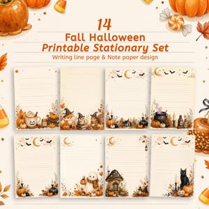 May include: A set of 14 printable stationery pages featuring fall and Halloween themes. The designs include lined writing paper with illustrations of pumpkins, owls, foxes, ghosts, black cats, bats, moons, and autumn leaves in warm orange and brown tones.