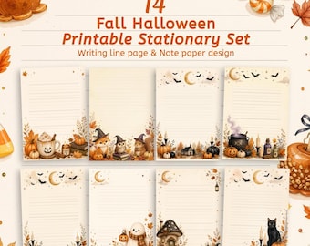 Peut inclure: Un ensemble de 14 pages de papeterie imprimables sur le thème de l'automne et d'Halloween. Les modèles incluent du papier à lettres ligné avec des illustrations de citrouilles, hiboux, renards, fantômes, chats noirs, chauves-souris et feuilles d'automne.