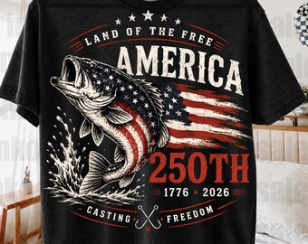 250 Years America 1776 2026 Fishing USA Flag 250th Birthday T-Shirt PNG Fisherman Gift Tee