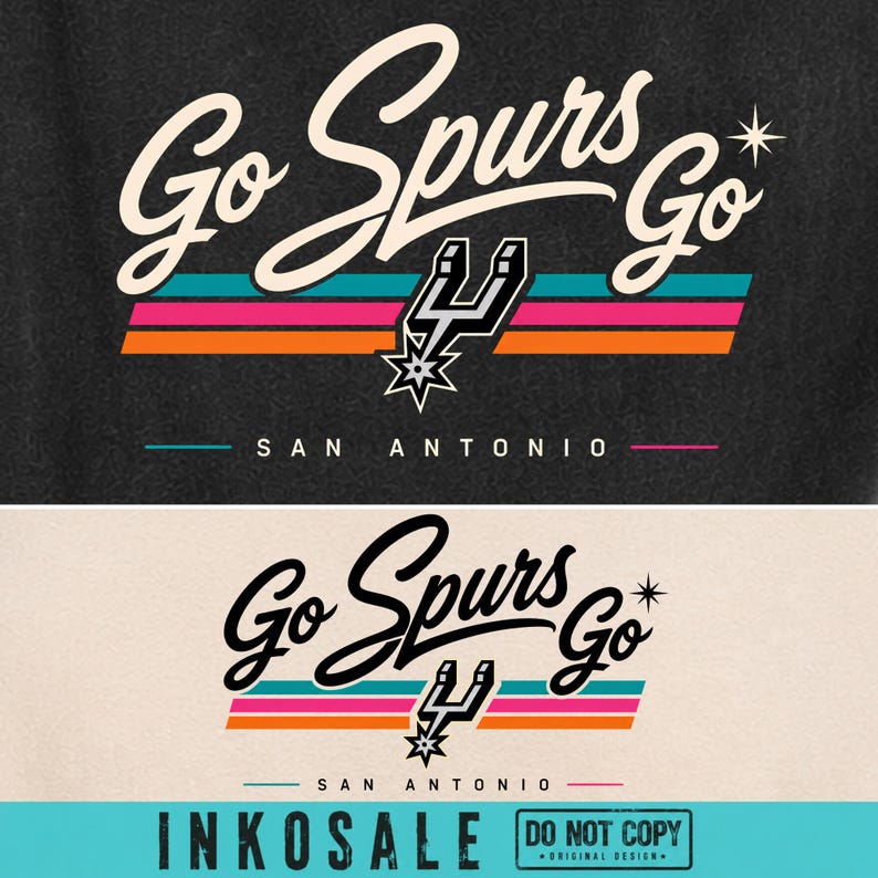 May include: A graphic design featuring the text Go Spurs Go in a cursive script, accompanied by the San Antonio Spurs logo, a star icon, and horizontal stripes in teal, pink, and orange. The text San Antonio appears below with a small star.