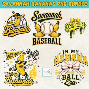 May include: A digital graphic bundle featuring Savannah Bananas baseball designs. Elements include a banana character with a bat, a baseball with crossed bananas, a dripping Bananas logo with a bow, and text reading In My Banana Ball Era.