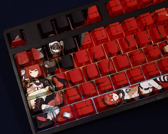 May include: A black mechanical keyboard with red and black keycaps. Some keycaps feature anime-style character illustrations. The keyboard has a dark background and is lit with a subtle glow.