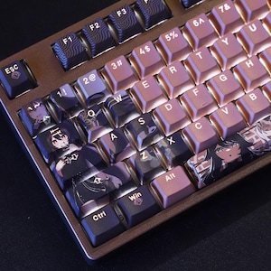 Pode incluir: Um teclado mecânico com teclas personalizadas. As teclas apresentam uma mistura de rosa liso e designs estampados, algumas com ilustrações em estilo anime. O teclado tem uma estrutura de cor bronze e teclas iluminadas.