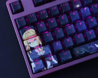 May include: A purple mechanical keyboard with black keycaps. Some keycaps feature anime artwork, while others have white or pink lettering. The keyboard has a purple frame and is lit with pink backlighting.