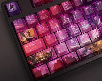 May include: A close-up of a black mechanical keyboard with custom keycaps. The keycaps are a gradient of pink and purple, with some featuring anime-style illustrations. The keyboard has a variety of function keys and letter keys.