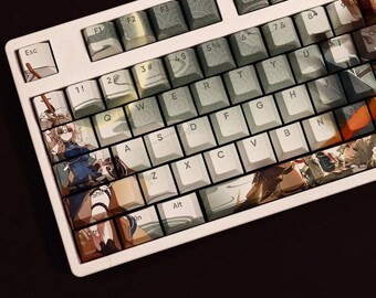 May include: A white mechanical keyboard with custom keycaps featuring anime-style artwork. The keycaps have a variety of colors, including blue, brown, and white. The keyboard layout includes standard alphanumeric keys, function keys, and modifier keys.