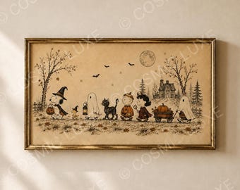 Vintage Halloween Wall Art, Dog Halloween Poster, Halloween Decor, Halloween Parade Art, Nostalgic Storybook Print, Fall Decor