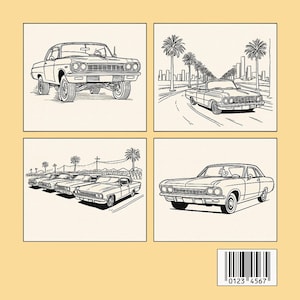 K&ouml;nnte beinhalten: Ein quadratischer Druck mit vier Schwarz-Wei&szlig;-Illustrationen von klassischen Autos. Die Bilder zeigen Oldtimer in verschiedenen Umgebungen, darunter eine Stadtstra&szlig;e und ein Parkplatz, mit Palmen und einer Stadtlandschaft im Hintergrund.