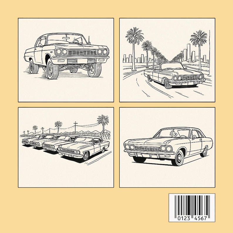 K&ouml;nnte beinhalten: Ein quadratischer Druck mit vier Schwarz-Wei&szlig;-Illustrationen von klassischen Autos. Die Bilder zeigen Oldtimer in verschiedenen Umgebungen, darunter eine Stadtstra&szlig;e und ein Parkplatz, mit Palmen und einer Stadtlandschaft im Hintergrund.