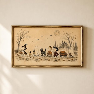 May include: A rectangular framed print featuring a vintage-style illustration of Peanuts characters trick-or-treating. The scene depicts Snoopy, Woodstock, and friends in Halloween costumes, including ghosts and pumpkins, under a moonlit sky.