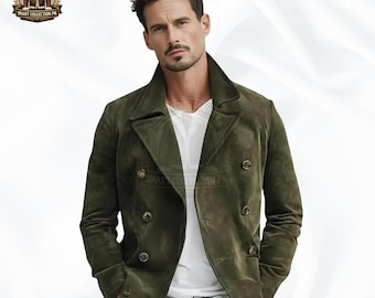 Cappotto da uomo in pelle verde, giacca in pelle doppiopetto da uomo, cappotto in stile militare, giacca invernale slim fit, cappotto elegante da uomo