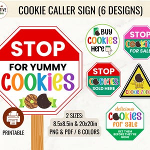 Peut inclure: Ensemble de panneaux d'appel de cookies imprimables avec divers designs. Le panneau principal est un octogone rouge avec les mots "STOP FOR YUMMY COOKIES". D'autres panneaux incluent "Buy Cookies Here", "Stop Cookies For Sale" et "Cookie Zone". Les panneaux sont disponibles en 6 couleurs et 2 tailles.
