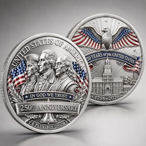 May include: Two silver-toned commemorative coins featuring the text UNITED STATES OF AMERICA, IN GOD WE TRUST, 250TH ANNIVERSARY, E PLURIBUS UNUM, 50 YEARS OF THE UNITED STATES, and 1776-2026. One coin depicts three historical figures and flags.