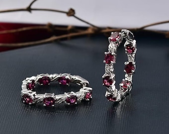 Garnet Earrings, Genuine Garnet Hoop 925k Sterling Silver Earrings for Women, Natural Red Gemstone Earrings, Bridesmaid Gift for Her