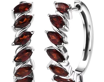 Garnet Earrings, Genuine Garnet Hoop Silver Plated Earrings for Women, Natural Red Gemstone Earrings, Bridesmaid Gift for Her