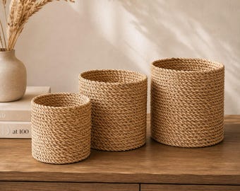 Set med 3 förvaringskorgar i sjögräs, vävda krukskydd, naturlig hyllorganisatör, bohemisk heminredning, handgjord korgset