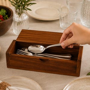 May include: A rectangular dark brown wooden box with a hinged lid, containing a set of polished stainless steel silverware including forks and spoons. The box features a small semi-circular cutout on the front edge for easy opening.