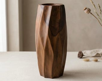 Handcrafted Teak Wood Vase: Faceted Geometric Carved Japandi Home Decor