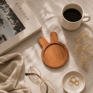 Handmade Teak Wood Rabbit Coaster, Bunny Drink Mat, Nursery Decor, Natural Wood Gift