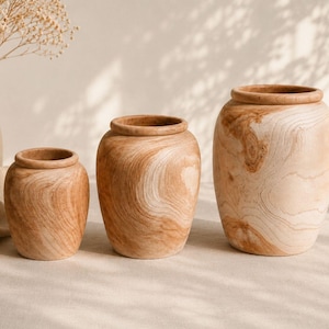 Handgefertigtes Vasen-Set aus Teakholz, Japandi-Bauernhaus-Naturholzskulptur