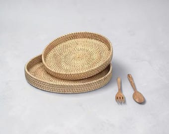 Juego de 2 bandejas redondas de ratán, tejidas a mano, estilo boho japonés, ideales para servir.