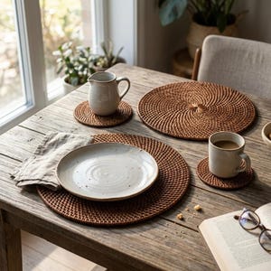 May include: A wooden dining table set with woven rattan placemats and coasters. A white ceramic plate, a mug with coffee, and a small jug are arranged on the table. A linen napkin and an open book with glasses complete the scene.