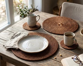 Juego de manteles individuales redondos de ratán, manteles individuales de tejido natural, decoración de comedor bohemia, manteles individuales de ratán hechos a mano.
