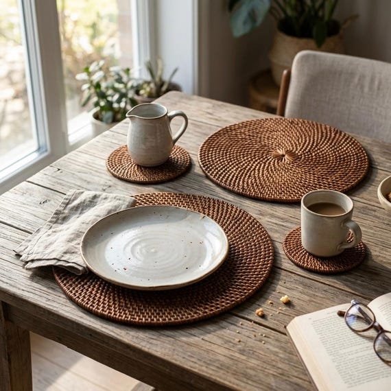 Rundes Tischset aus Rattan, Tischset aus Naturfaser, Boho-Essbereich, handgefertigte Rattanmatten
