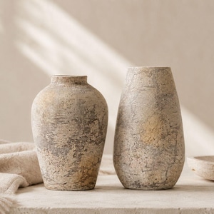 Op de afbeelding: Twee decoratieve vazen met een verweerde, getextureerde afwerking in tinten beige, zand en grijs. De linker vaas heeft een ronde vorm met een smalle hals, terwijl de rechter vaas een hogere, taps toelopende vorm heeft met een bredere opening.