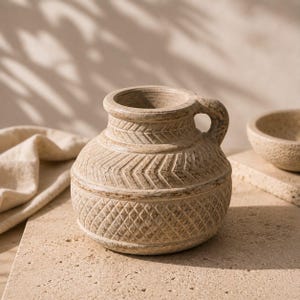 Handgesneden rustieke kleivaas: Boho Mediterrane Wabi Sabi woondecoratie