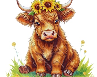 Mini Highland Cow With Sunflowers Clipart PNG | Baby Highland Calf ...