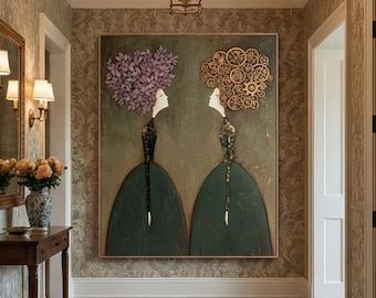 Surreal Twins Painting,Nature vs Machine Art,Unique Female Portraits,Abstract Oil Painting, Conceptual Art Decor,Modern Surrealism for Home