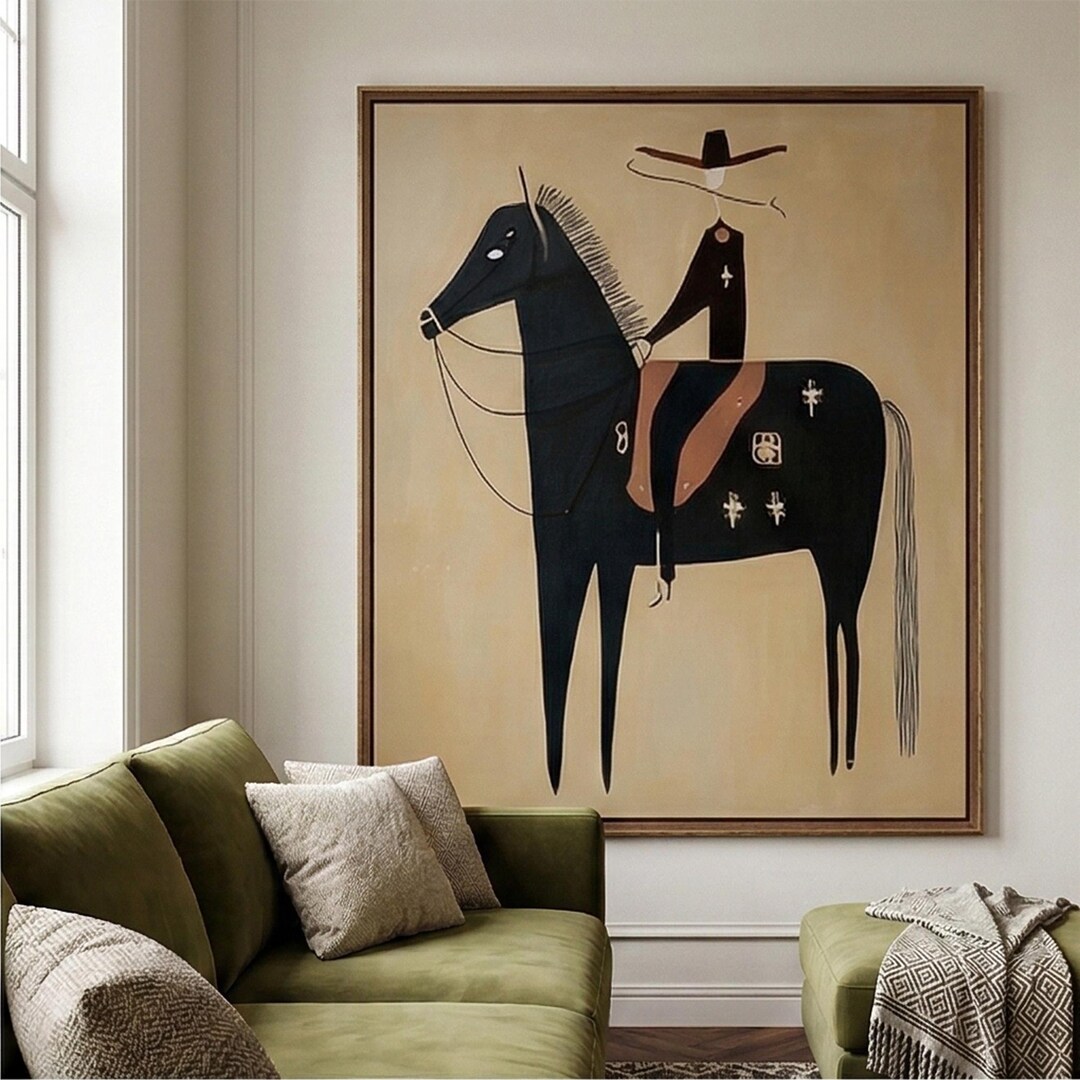 Mid Century Horse Rider Wall Art, Minimalist Western Cowboy Painting ...