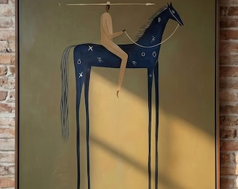 Pintura minimalista de cavaleiro, arte de parede com cavalo e cowboy do Oeste americano de meados do século XX, tela com tema do deserto do sudoeste, decoração moderna de fazenda para sala de estar.