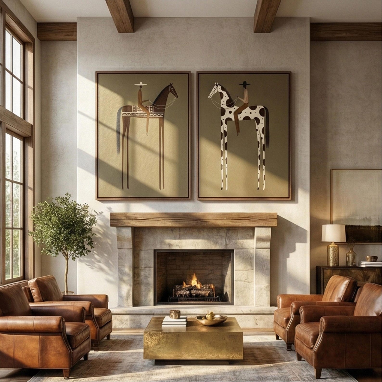 Mid Century Horse Wall Art Set, Western Cowboy Canvas Painting, Modern ...